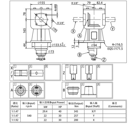 TYPE RV-010 Agricultural Machinery Parts 90 Degree Right Angel Reducer Gear Motor Bevel Pto Gearbox for Farm Tractor